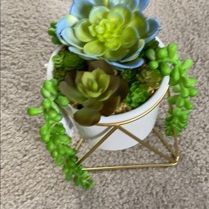 Decorative planters , golden stand , white pot .